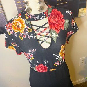 No Boundaries Black Gothic Flowery Criss Cross Choker Leotard Bodysuit Jumpsuit